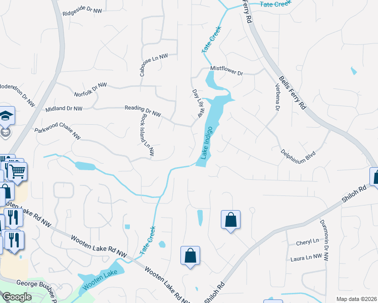 map of restaurants, bars, coffee shops, grocery stores, and more near 4894 Day Lily Way in Acworth