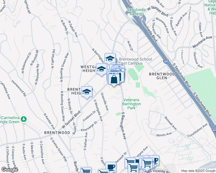 map of restaurants, bars, coffee shops, grocery stores, and more near 11740 West Sunset Boulevard in Los Angeles