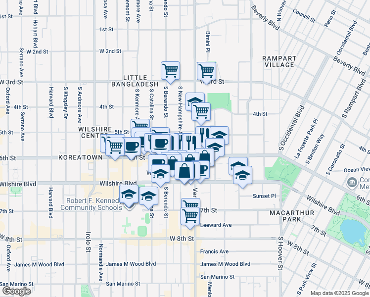 map of restaurants, bars, coffee shops, grocery stores, and more near 3223 West 6th Street in Los Angeles
