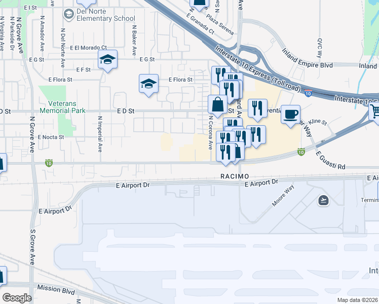 map of restaurants, bars, coffee shops, grocery stores, and more near 1795 East Holt Boulevard in Ontario