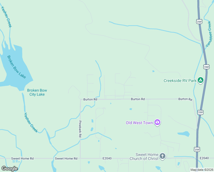 map of restaurants, bars, coffee shops, grocery stores, and more near Hickory Ridge Road in Broken Bow