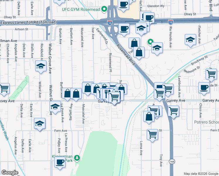 map of restaurants, bars, coffee shops, grocery stores, and more near 3111 Rosemead Place in Rosemead