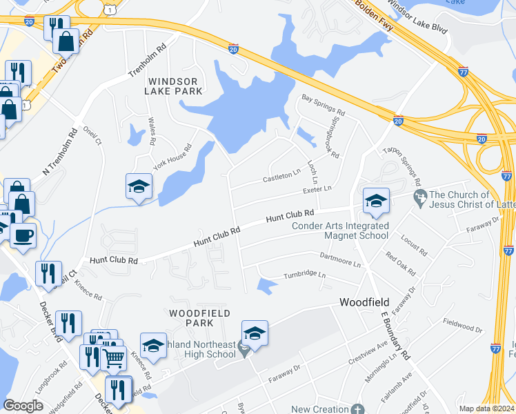 map of restaurants, bars, coffee shops, grocery stores, and more near 7734 Exeter Lane in Columbia
