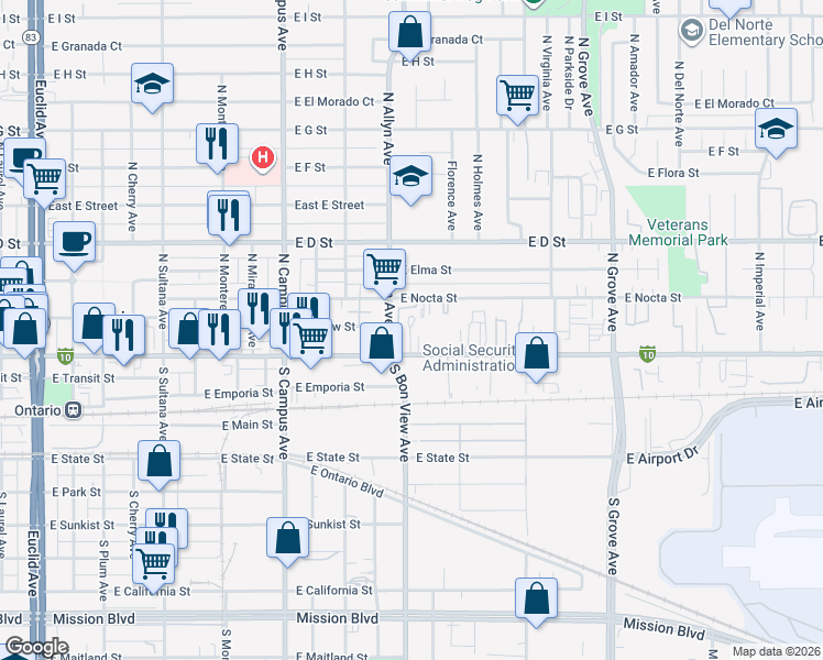 map of restaurants, bars, coffee shops, grocery stores, and more near 935 East Holt Boulevard in Ontario