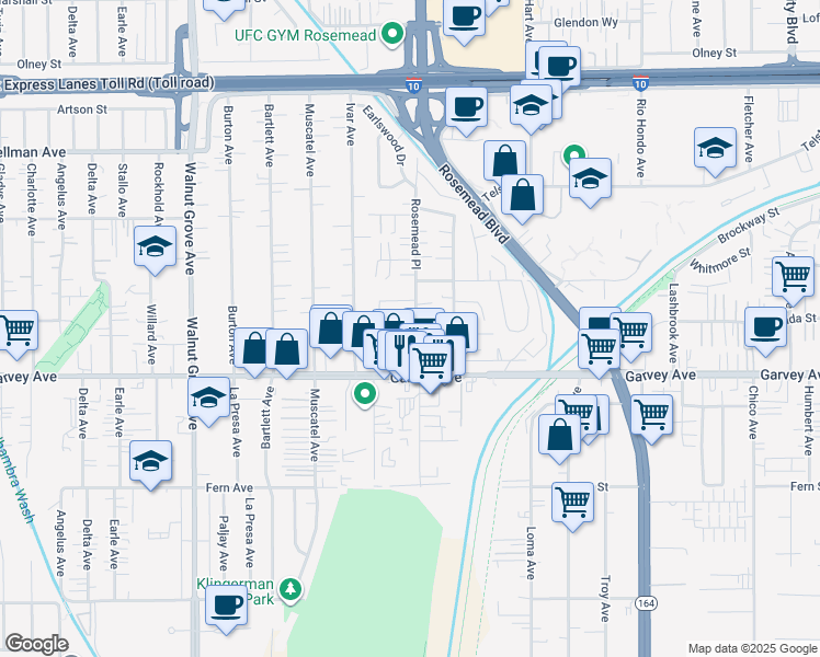 map of restaurants, bars, coffee shops, grocery stores, and more near 3109 Rosemead Place in Rosemead