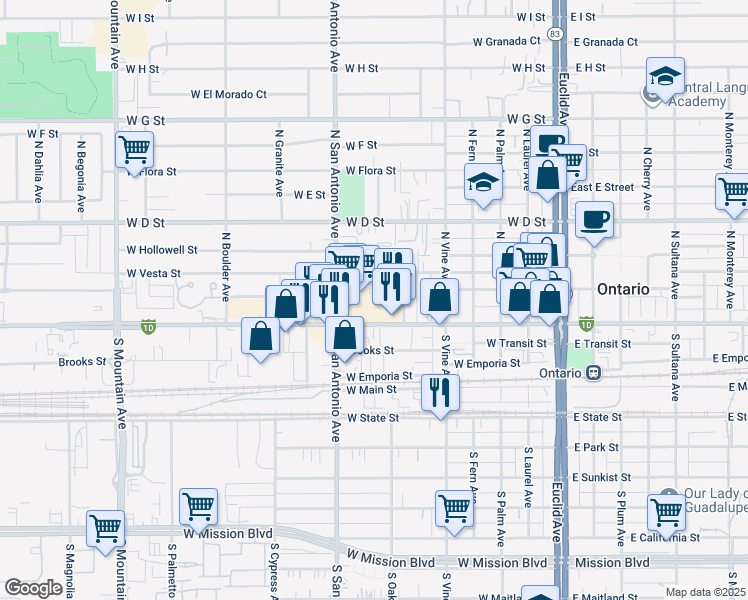map of restaurants, bars, coffee shops, grocery stores, and more near 624 Holt Boulevard in Ontario