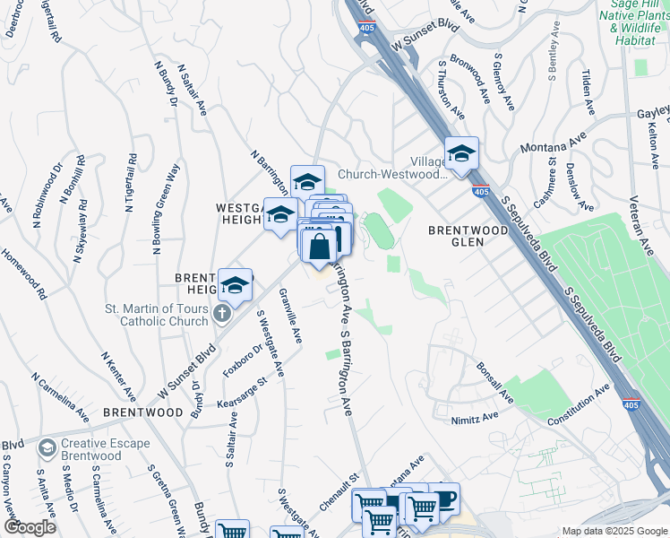 map of restaurants, bars, coffee shops, grocery stores, and more near 200 South Barrington Avenue in Los Angeles