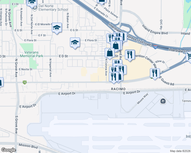 map of restaurants, bars, coffee shops, grocery stores, and more near 1795 East Holt Boulevard in Ontario