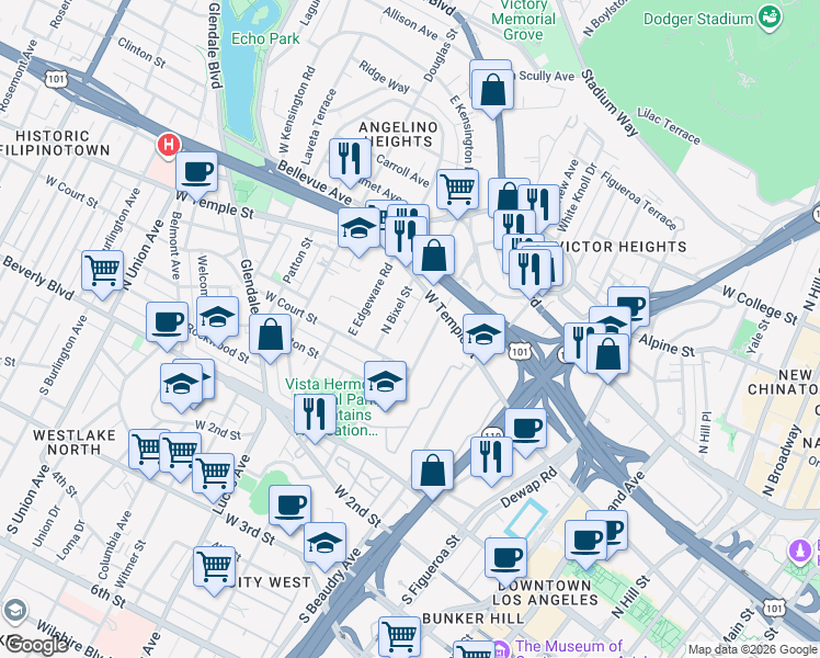 map of restaurants, bars, coffee shops, grocery stores, and more near 317 North Boylston Street in Los Angeles