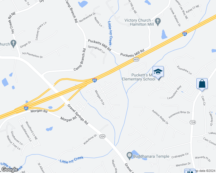 map of restaurants, bars, coffee shops, grocery stores, and more near 2727 Morgan Glen Road Northeast in Buford