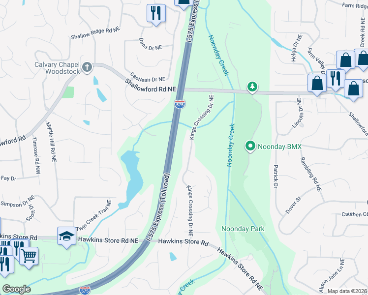 map of restaurants, bars, coffee shops, grocery stores, and more near 4621 Kings Crossing Drive Northeast in Kennesaw