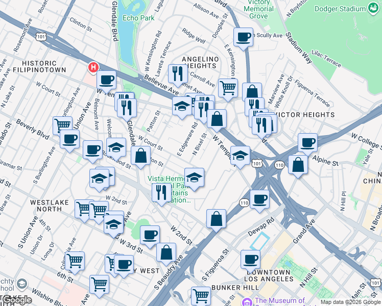 map of restaurants, bars, coffee shops, grocery stores, and more near 1246 West Court Street in Los Angeles