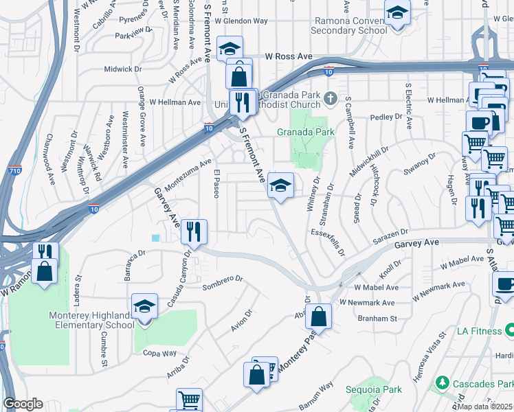 map of restaurants, bars, coffee shops, grocery stores, and more near 2524 Carlos Street in Alhambra