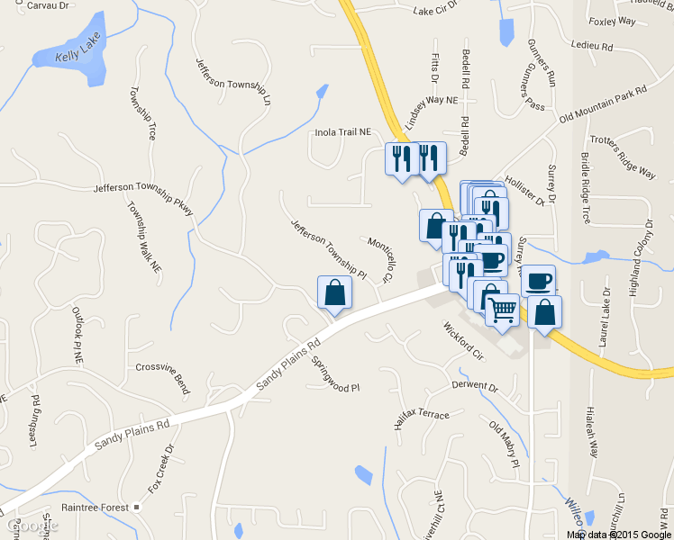 map of restaurants, bars, coffee shops, grocery stores, and more near 4657 Jefferson Township Place in Marietta