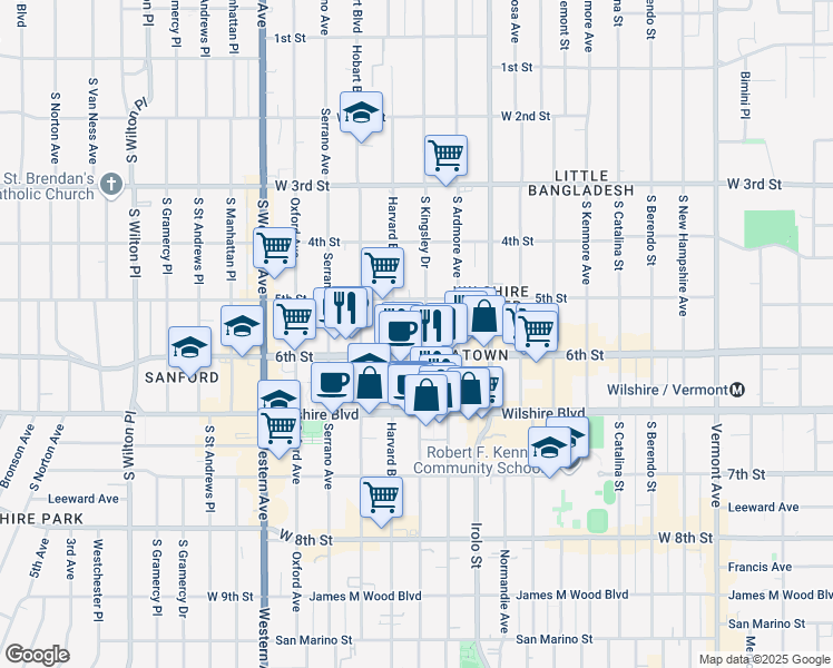 map of restaurants, bars, coffee shops, grocery stores, and more near 535 South Kingsley Drive in Los Angeles