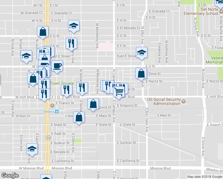 map of restaurants, bars, coffee shops, grocery stores, and more near 127 North Campus Avenue in Ontario