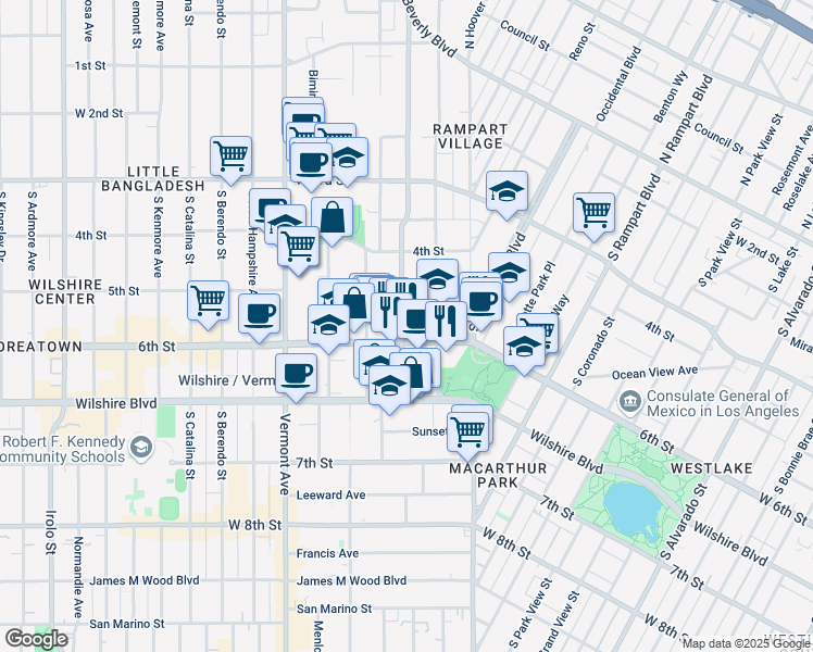 map of restaurants, bars, coffee shops, grocery stores, and more near 530 South Virgil Avenue in Los Angeles