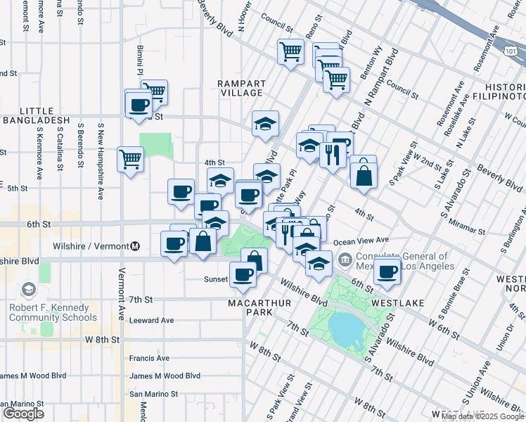 map of restaurants, bars, coffee shops, grocery stores, and more near 515 La Fayette Park Place in Los Angeles