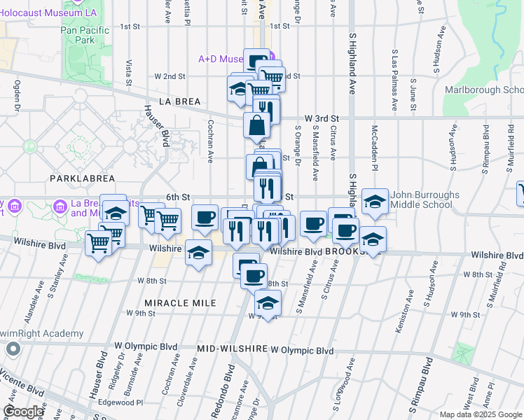 map of restaurants, bars, coffee shops, grocery stores, and more near 619 South La Brea Avenue in Los Angeles