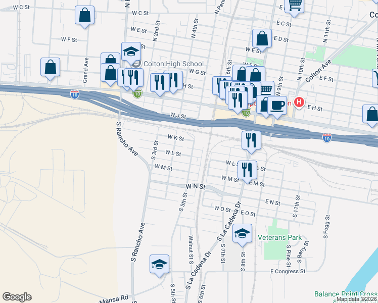 map of restaurants, bars, coffee shops, grocery stores, and more near 420 West K Street in Colton