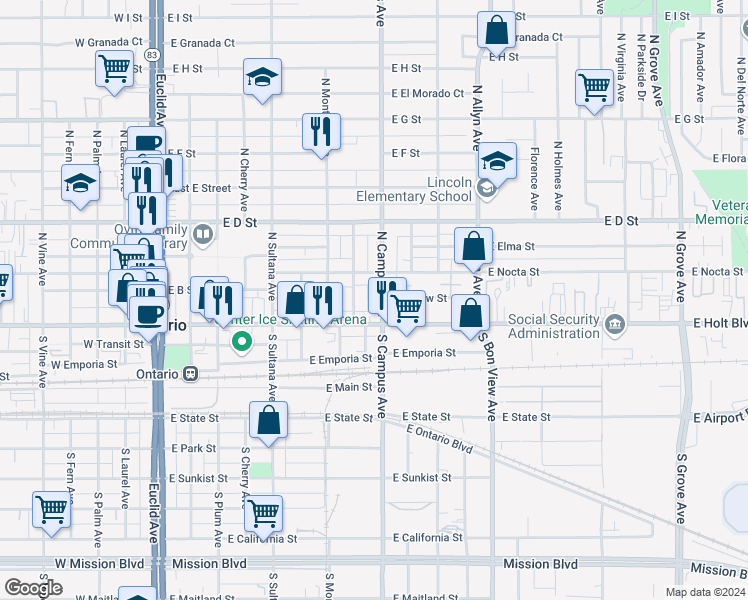 map of restaurants, bars, coffee shops, grocery stores, and more near 127 North Campus Avenue in Ontario