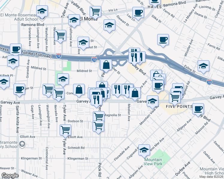 map of restaurants, bars, coffee shops, grocery stores, and more near 11395 Meeker Avenue in El Monte