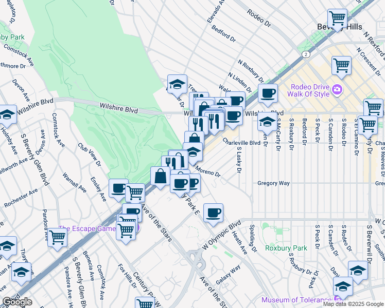 map of restaurants, bars, coffee shops, grocery stores, and more near 9973-10199 Santa Monica Blvd in Beverly Hills