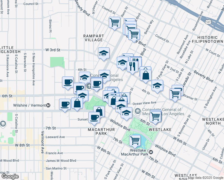 map of restaurants, bars, coffee shops, grocery stores, and more near 400 South La Fayette Park Place in Los Angeles