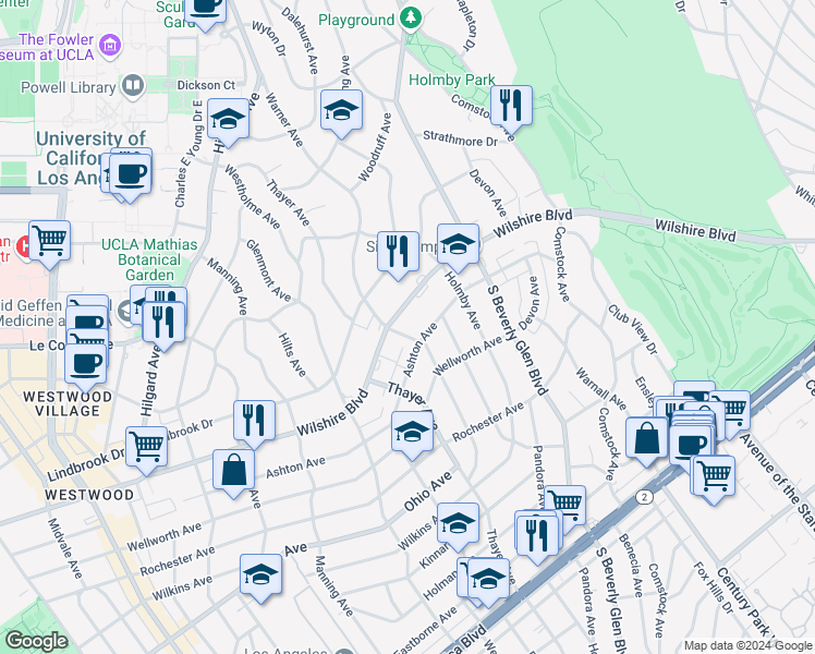 map of restaurants, bars, coffee shops, grocery stores, and more near 10490 Wilshire Boulevard in Los Angeles