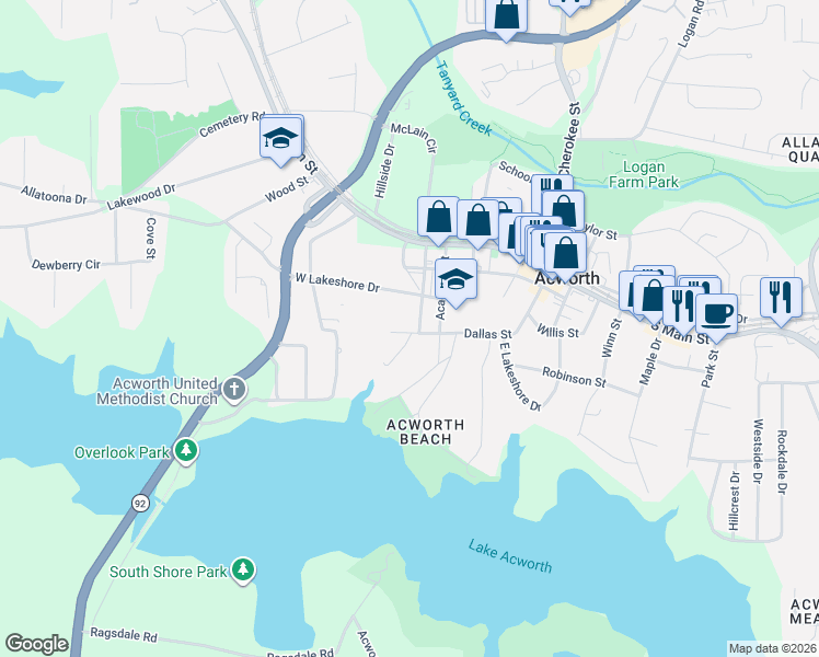 map of restaurants, bars, coffee shops, grocery stores, and more near 4536 Lombardy Way in Acworth