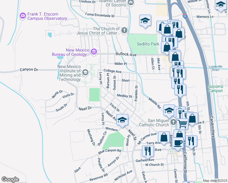 map of restaurants, bars, coffee shops, grocery stores, and more near 713 Sunset Drive in Socorro
