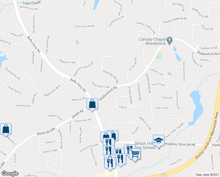 map of restaurants, bars, coffee shops, grocery stores, and more near 243 Shiloh Hills Drive Northwest in Kennesaw