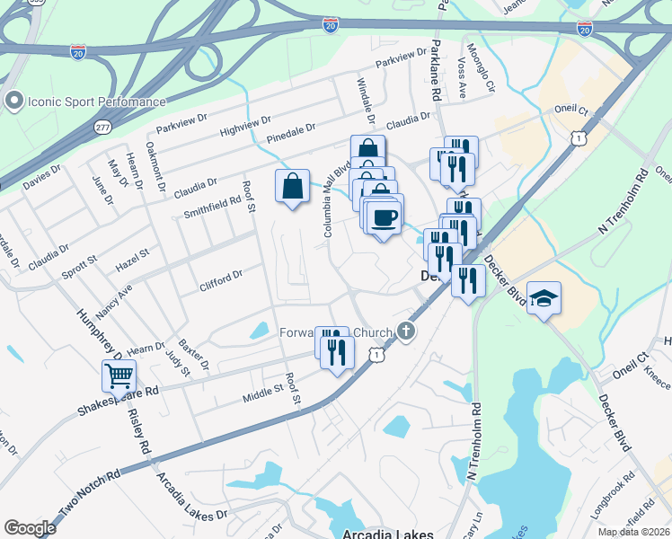 map of restaurants, bars, coffee shops, grocery stores, and more near Columbia Mall Road in Columbia