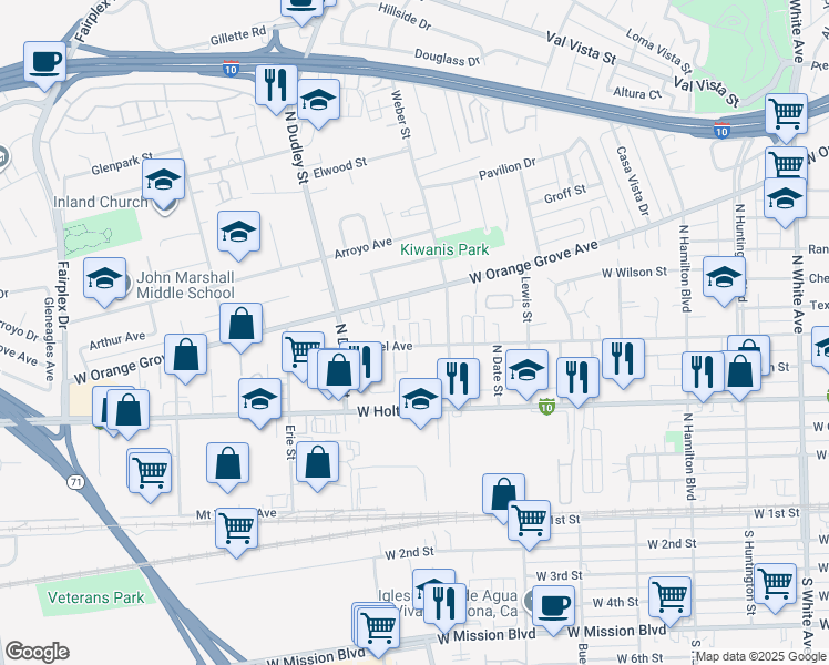 map of restaurants, bars, coffee shops, grocery stores, and more near 1370 West Orange Grove Avenue in Pomona
