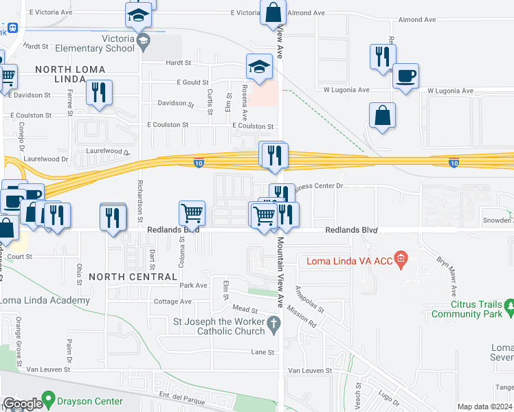 map of restaurants, bars, coffee shops, grocery stores, and more near 25636 Sun Avenue in Loma Linda