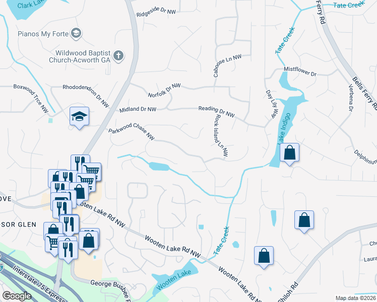 map of restaurants, bars, coffee shops, grocery stores, and more near 1246 Parkwood Chase Northwest in Acworth