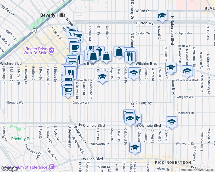 map of restaurants, bars, coffee shops, grocery stores, and more near 9246 Charleville Boulevard in Beverly Hills