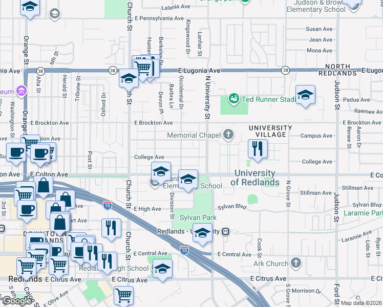 map of restaurants, bars, coffee shops, grocery stores, and more near 1019 College Avenue in Redlands