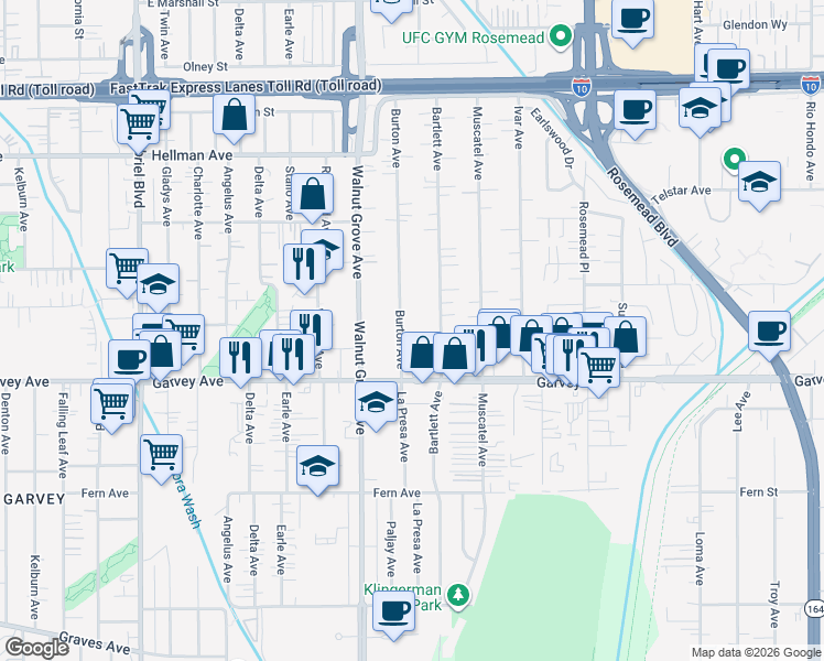 map of restaurants, bars, coffee shops, grocery stores, and more near 3052 Burton Avenue in Rosemead