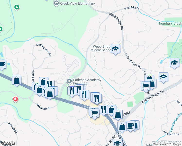 map of restaurants, bars, coffee shops, grocery stores, and more near 150 Park Creek Drive in Alpharetta