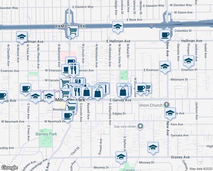 map of restaurants, bars, coffee shops, grocery stores, and more near 301 North Alhambra Avenue in Monterey Park
