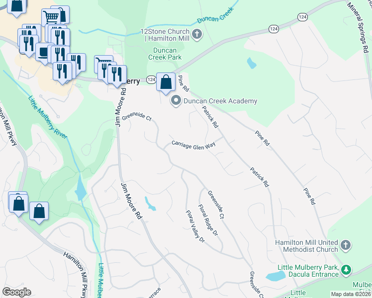 map of restaurants, bars, coffee shops, grocery stores, and more near 3542 Carriage Glen Way in Dacula