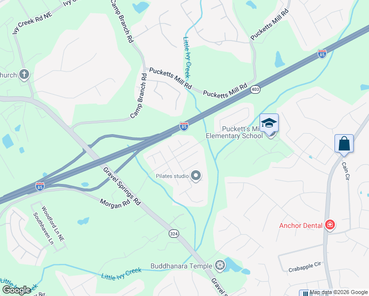 map of restaurants, bars, coffee shops, grocery stores, and more near 2729 Morgan Glen Road Northeast in Buford
