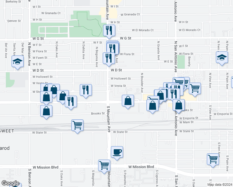 map of restaurants, bars, coffee shops, grocery stores, and more near 151 North Palmetto Avenue in Ontario