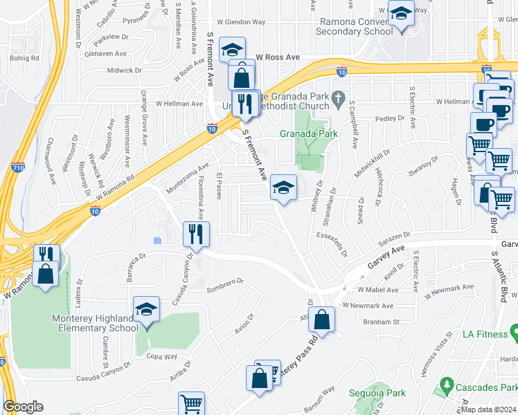 map of restaurants, bars, coffee shops, grocery stores, and more near 2524 Carlos Street in Alhambra