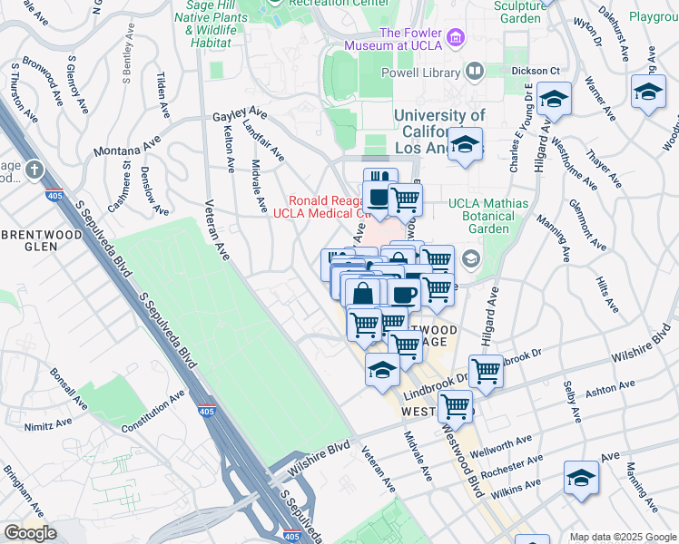 map of restaurants, bars, coffee shops, grocery stores, and more near 747 Gayley Avenue in Los Angeles