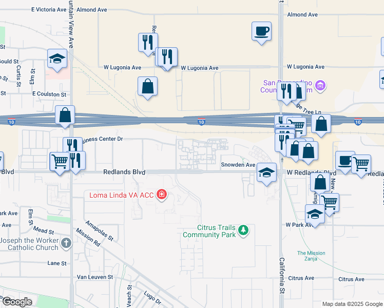 map of restaurants, bars, coffee shops, grocery stores, and more near 26200 Redlands Boulevard in Redlands