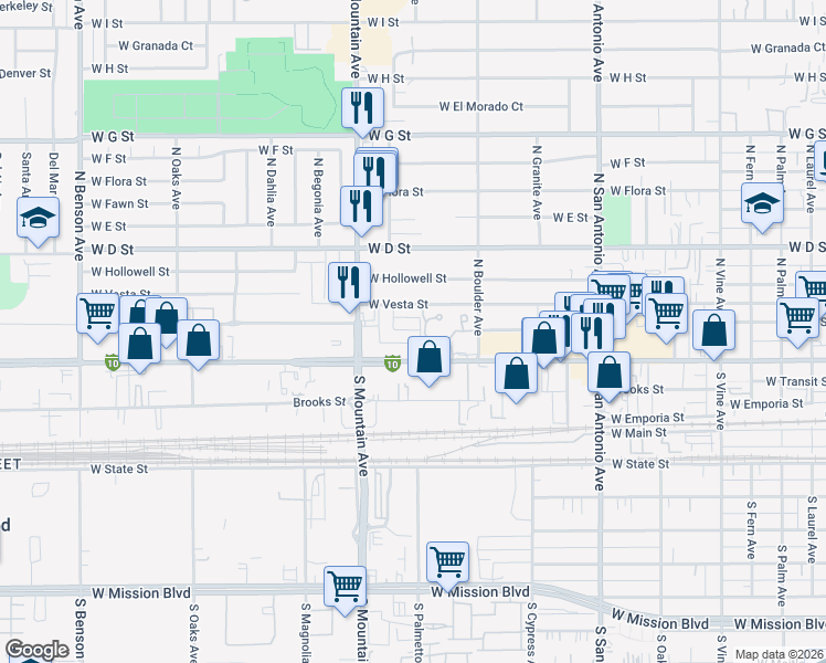 map of restaurants, bars, coffee shops, grocery stores, and more near 952 Pinyon Court in Ontario
