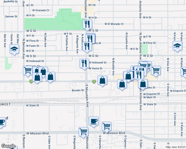 map of restaurants, bars, coffee shops, grocery stores, and more near 151 North Palmetto Avenue in Ontario