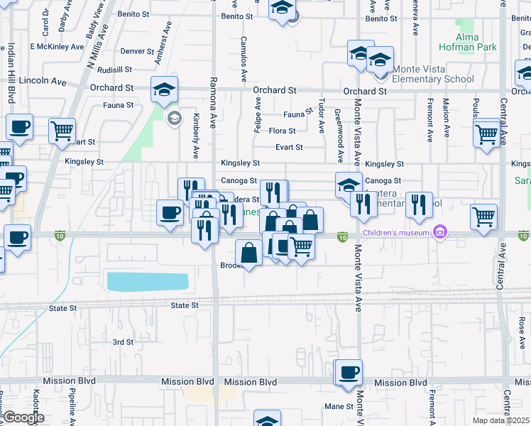 map of restaurants, bars, coffee shops, grocery stores, and more near 4664 Bandera Street in Montclair
